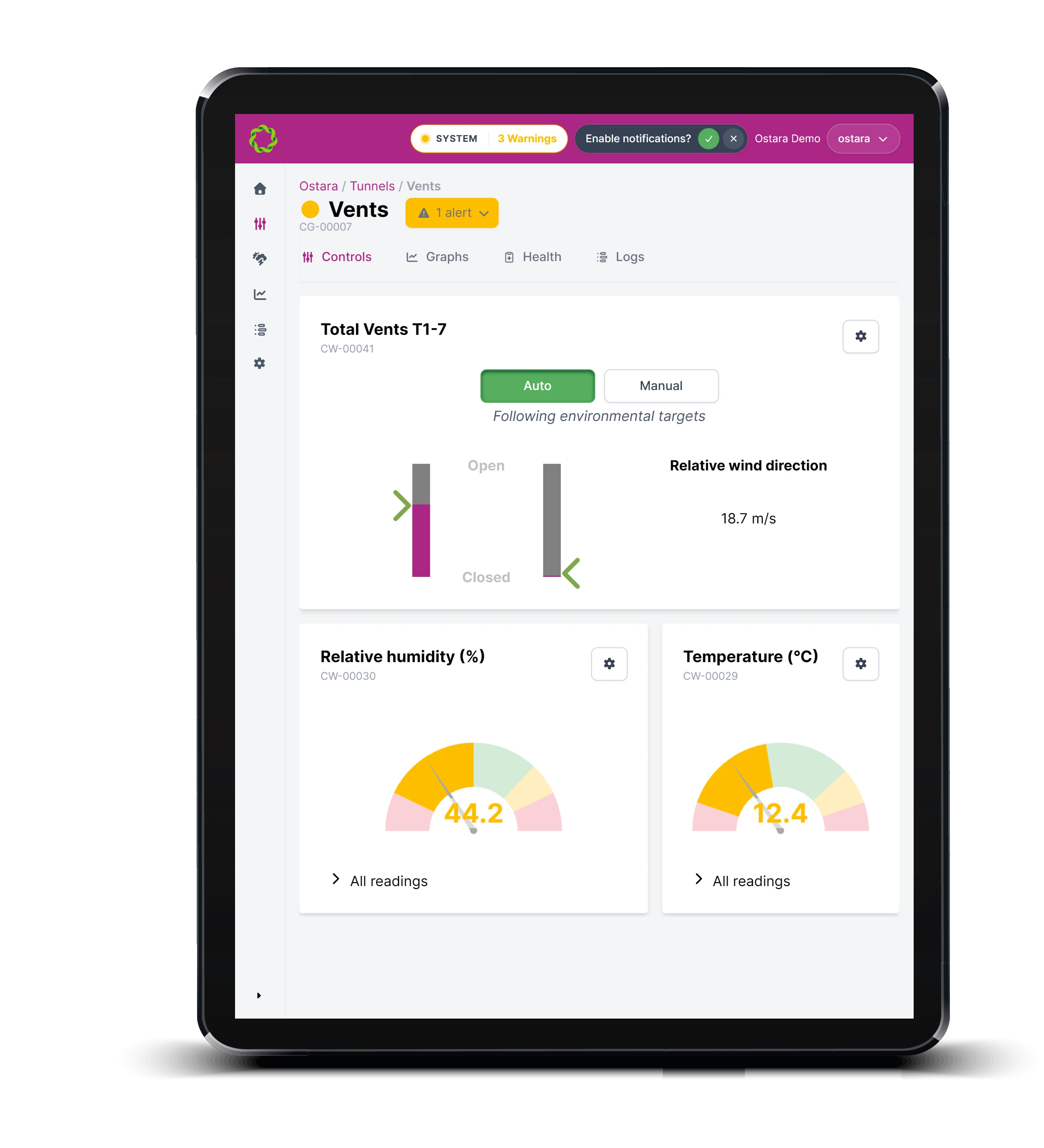 main dashboard, showing vents / groups